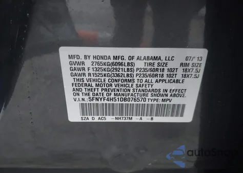 2013 Honda Pilot Exl из США, поврежденный, VIN 5FNYF4H51DB076570